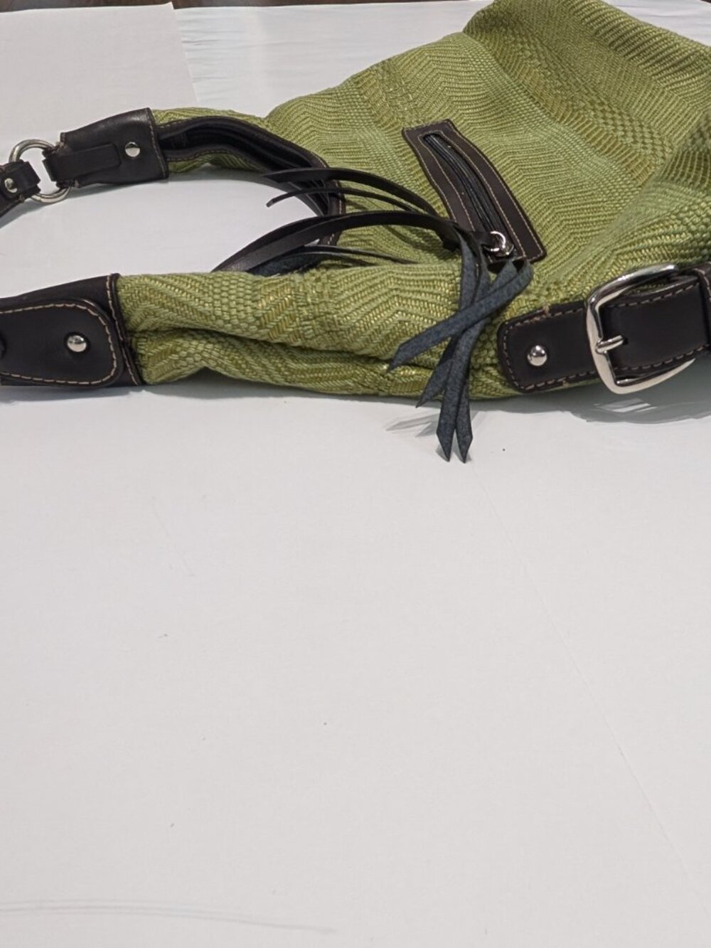 Worthington Green Cotton Woven Hobo Shoulder Bag with Brown Leather Accents - Picture 4 of 11